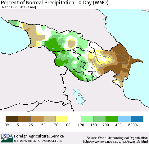 Azerbaijan, Armenia and Georgia Percent of Normal Precipitation 10-Day (WMO) Thematic Map For 3/11/2023 - 3/20/2023