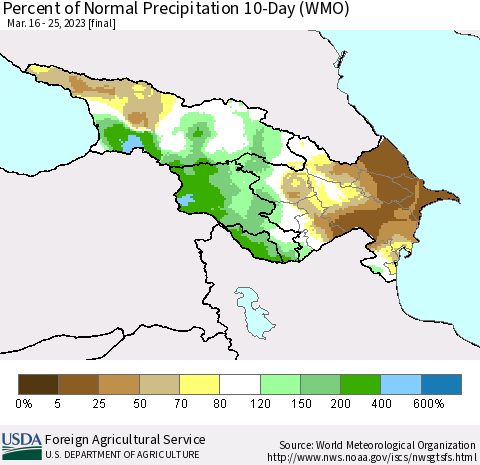 Azerbaijan, Armenia and Georgia Percent of Normal Precipitation 10-Day (WMO) Thematic Map For 3/16/2023 - 3/25/2023