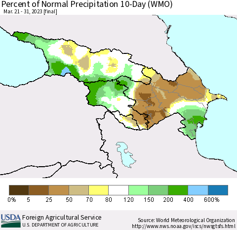 Azerbaijan, Armenia and Georgia Percent of Normal Precipitation 10-Day (WMO) Thematic Map For 3/21/2023 - 3/31/2023