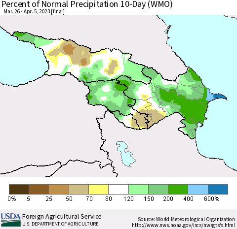 Azerbaijan, Armenia and Georgia Percent of Normal Precipitation 10-Day (WMO) Thematic Map For 3/26/2023 - 4/5/2023