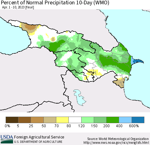 Azerbaijan, Armenia and Georgia Percent of Normal Precipitation 10-Day (WMO) Thematic Map For 4/1/2023 - 4/10/2023