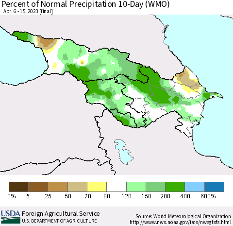 Azerbaijan, Armenia and Georgia Percent of Normal Precipitation 10-Day (WMO) Thematic Map For 4/6/2023 - 4/15/2023