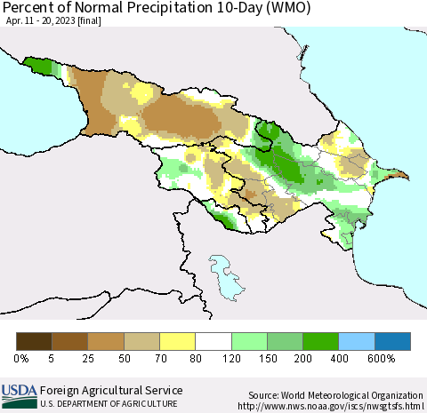 Azerbaijan, Armenia and Georgia Percent of Normal Precipitation 10-Day (WMO) Thematic Map For 4/11/2023 - 4/20/2023