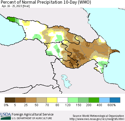 Azerbaijan, Armenia and Georgia Percent of Normal Precipitation 10-Day (WMO) Thematic Map For 4/16/2023 - 4/25/2023