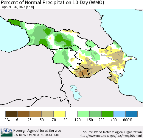 Azerbaijan, Armenia and Georgia Percent of Normal Precipitation 10-Day (WMO) Thematic Map For 4/21/2023 - 4/30/2023