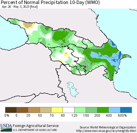 Azerbaijan, Armenia and Georgia Percent of Normal Precipitation 10-Day (WMO) Thematic Map For 4/26/2023 - 5/5/2023
