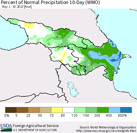 Azerbaijan, Armenia and Georgia Percent of Normal Precipitation 10-Day (WMO) Thematic Map For 5/1/2023 - 5/10/2023
