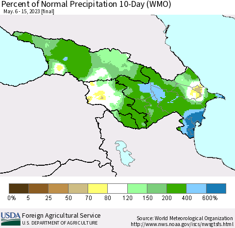 Azerbaijan, Armenia and Georgia Percent of Normal Precipitation 10-Day (WMO) Thematic Map For 5/6/2023 - 5/15/2023