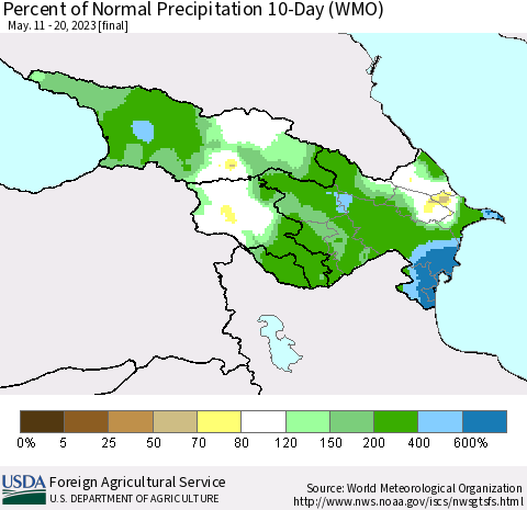Azerbaijan, Armenia and Georgia Percent of Normal Precipitation 10-Day (WMO) Thematic Map For 5/11/2023 - 5/20/2023