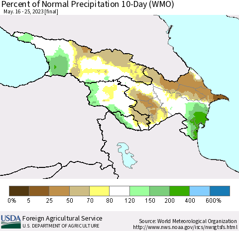 Azerbaijan, Armenia and Georgia Percent of Normal Precipitation 10-Day (WMO) Thematic Map For 5/16/2023 - 5/25/2023