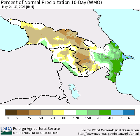 Azerbaijan, Armenia and Georgia Percent of Normal Precipitation 10-Day (WMO) Thematic Map For 5/21/2023 - 5/31/2023