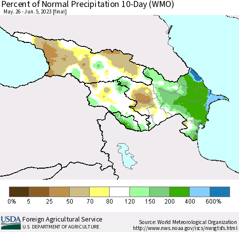 Azerbaijan, Armenia and Georgia Percent of Normal Precipitation 10-Day (WMO) Thematic Map For 5/26/2023 - 6/5/2023