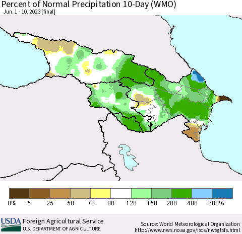Azerbaijan, Armenia and Georgia Percent of Normal Precipitation 10-Day (WMO) Thematic Map For 6/1/2023 - 6/10/2023