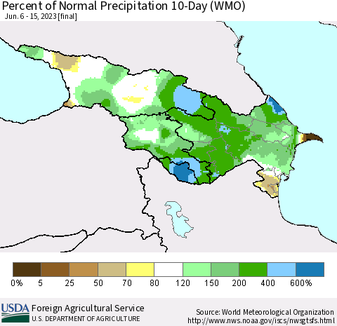 Azerbaijan, Armenia and Georgia Percent of Normal Precipitation 10-Day (WMO) Thematic Map For 6/6/2023 - 6/15/2023