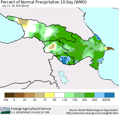 Azerbaijan, Armenia and Georgia Percent of Normal Precipitation 10-Day (WMO) Thematic Map For 6/11/2023 - 6/20/2023