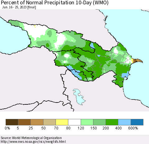Azerbaijan, Armenia and Georgia Percent of Normal Precipitation 10-Day (WMO) Thematic Map For 6/16/2023 - 6/25/2023