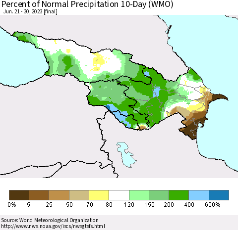 Azerbaijan, Armenia and Georgia Percent of Normal Precipitation 10-Day (WMO) Thematic Map For 6/21/2023 - 6/30/2023