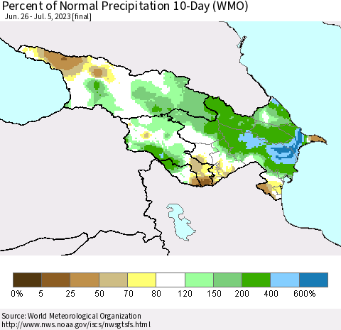 Azerbaijan, Armenia and Georgia Percent of Normal Precipitation 10-Day (WMO) Thematic Map For 6/26/2023 - 7/5/2023
