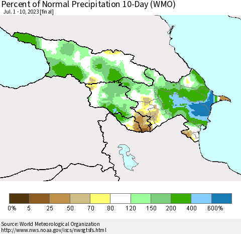 Azerbaijan, Armenia and Georgia Percent of Normal Precipitation 10-Day (WMO) Thematic Map For 7/1/2023 - 7/10/2023