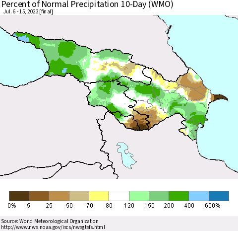 Azerbaijan, Armenia and Georgia Percent of Normal Precipitation 10-Day (WMO) Thematic Map For 7/6/2023 - 7/15/2023