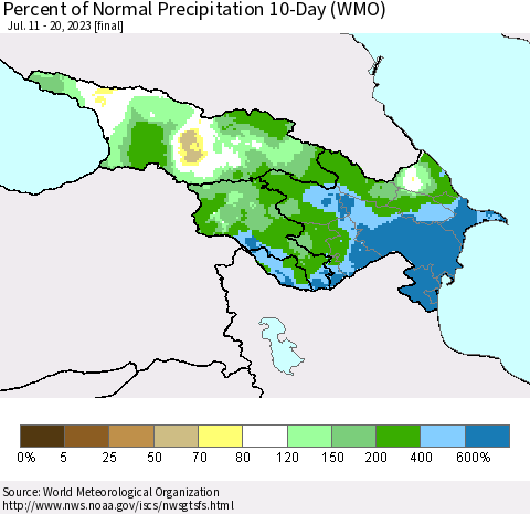 Azerbaijan, Armenia and Georgia Percent of Normal Precipitation 10-Day (WMO) Thematic Map For 7/11/2023 - 7/20/2023