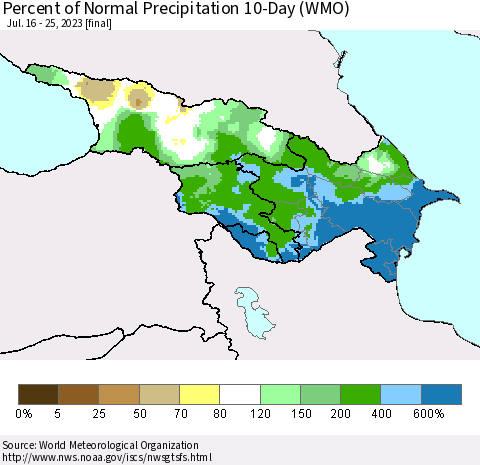 Azerbaijan, Armenia and Georgia Percent of Normal Precipitation 10-Day (WMO) Thematic Map For 7/16/2023 - 7/25/2023