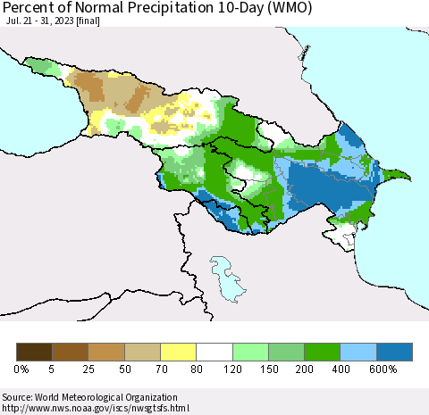 Azerbaijan, Armenia and Georgia Percent of Normal Precipitation 10-Day (WMO) Thematic Map For 7/21/2023 - 7/31/2023