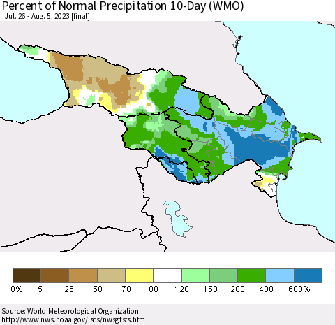 Azerbaijan, Armenia and Georgia Percent of Normal Precipitation 10-Day (WMO) Thematic Map For 7/26/2023 - 8/5/2023