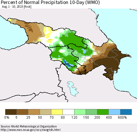 Azerbaijan, Armenia and Georgia Percent of Normal Precipitation 10-Day (WMO) Thematic Map For 8/1/2023 - 8/10/2023