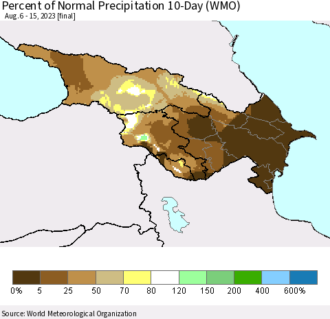 Azerbaijan, Armenia and Georgia Percent of Normal Precipitation 10-Day (WMO) Thematic Map For 8/6/2023 - 8/15/2023