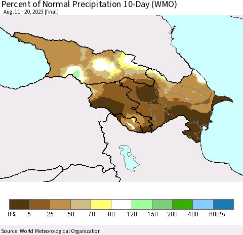 Azerbaijan, Armenia and Georgia Percent of Normal Precipitation 10-Day (WMO) Thematic Map For 8/11/2023 - 8/20/2023