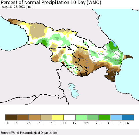 Azerbaijan, Armenia and Georgia Percent of Normal Precipitation 10-Day (WMO) Thematic Map For 8/16/2023 - 8/25/2023