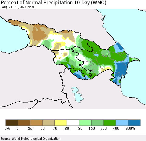 Azerbaijan, Armenia and Georgia Percent of Normal Precipitation 10-Day (WMO) Thematic Map For 8/21/2023 - 8/31/2023