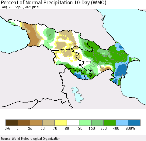 Azerbaijan, Armenia and Georgia Percent of Normal Precipitation 10-Day (WMO) Thematic Map For 8/26/2023 - 9/5/2023