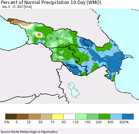 Azerbaijan, Armenia and Georgia Percent of Normal Precipitation 10-Day (WMO) Thematic Map For 9/6/2023 - 9/15/2023