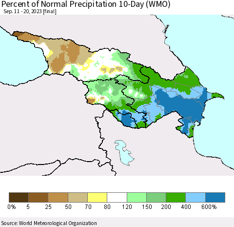 Azerbaijan, Armenia and Georgia Percent of Normal Precipitation 10-Day (WMO) Thematic Map For 9/11/2023 - 9/20/2023