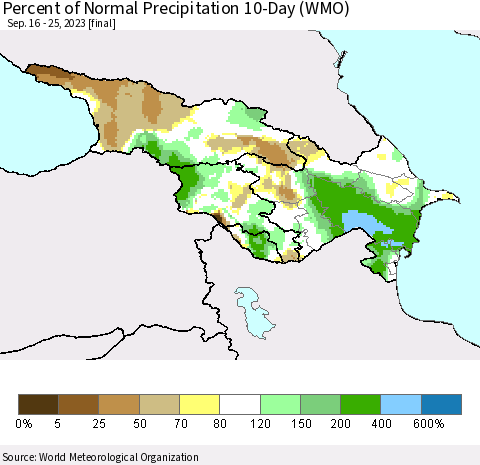 Azerbaijan, Armenia and Georgia Percent of Normal Precipitation 10-Day (WMO) Thematic Map For 9/16/2023 - 9/25/2023
