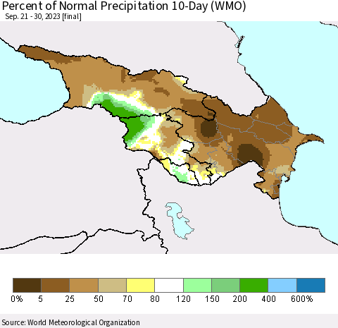 Azerbaijan, Armenia and Georgia Percent of Normal Precipitation 10-Day (WMO) Thematic Map For 9/21/2023 - 9/30/2023