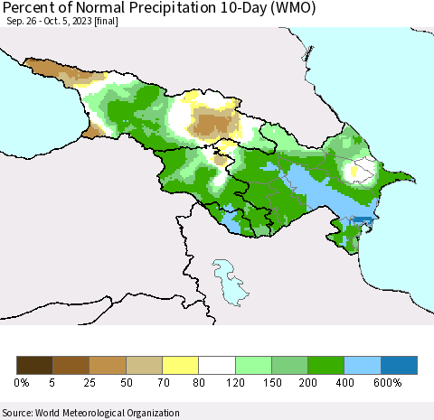 Azerbaijan, Armenia and Georgia Percent of Normal Precipitation 10-Day (WMO) Thematic Map For 9/26/2023 - 10/5/2023