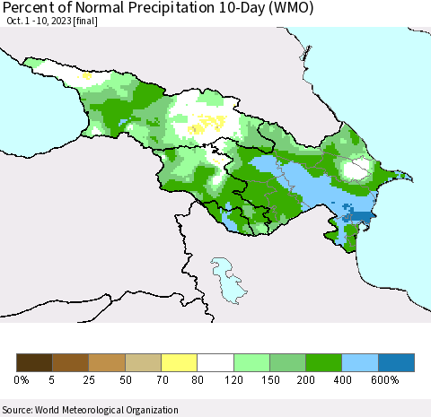 Azerbaijan, Armenia and Georgia Percent of Normal Precipitation 10-Day (WMO) Thematic Map For 10/1/2023 - 10/10/2023