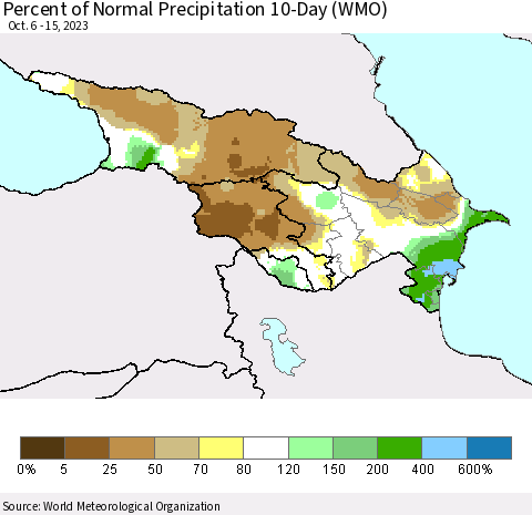 Azerbaijan, Armenia and Georgia Percent of Normal Precipitation 10-Day (WMO) Thematic Map For 10/6/2023 - 10/15/2023