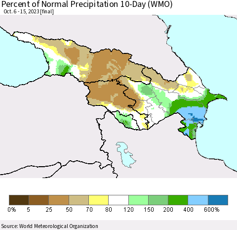 Azerbaijan, Armenia and Georgia Percent of Normal Precipitation 10-Day (WMO) Thematic Map For 10/6/2023 - 10/15/2023
