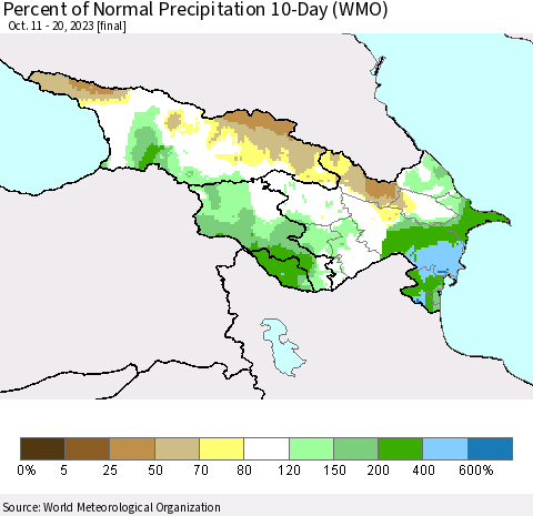 Azerbaijan, Armenia and Georgia Percent of Normal Precipitation 10-Day (WMO) Thematic Map For 10/11/2023 - 10/20/2023