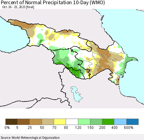 Azerbaijan, Armenia and Georgia Percent of Normal Precipitation 10-Day (WMO) Thematic Map For 10/16/2023 - 10/25/2023