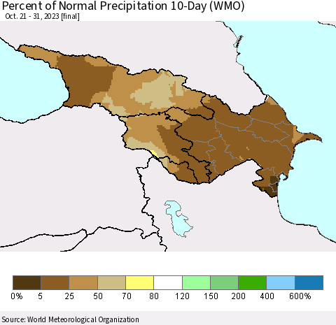 Azerbaijan, Armenia and Georgia Percent of Normal Precipitation 10-Day (WMO) Thematic Map For 10/21/2023 - 10/31/2023