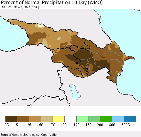 Azerbaijan, Armenia and Georgia Percent of Normal Precipitation 10-Day (WMO) Thematic Map For 10/26/2023 - 11/5/2023