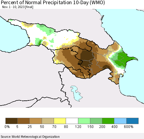 Azerbaijan, Armenia and Georgia Percent of Normal Precipitation 10-Day (WMO) Thematic Map For 11/1/2023 - 11/10/2023