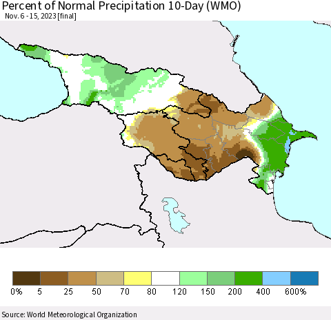 Azerbaijan, Armenia and Georgia Percent of Normal Precipitation 10-Day (WMO) Thematic Map For 11/6/2023 - 11/15/2023