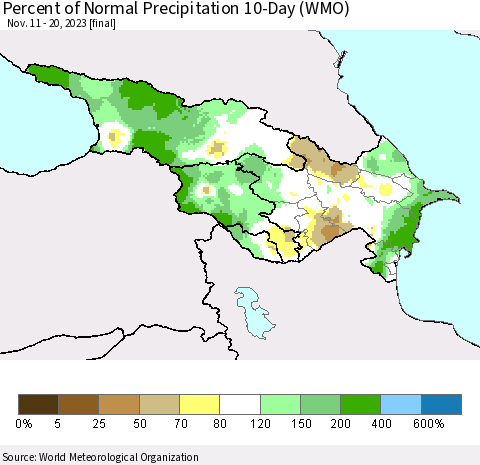 Azerbaijan, Armenia and Georgia Percent of Normal Precipitation 10-Day (WMO) Thematic Map For 11/11/2023 - 11/20/2023