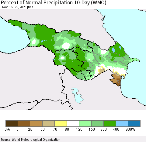 Azerbaijan, Armenia and Georgia Percent of Normal Precipitation 10-Day (WMO) Thematic Map For 11/16/2023 - 11/25/2023
